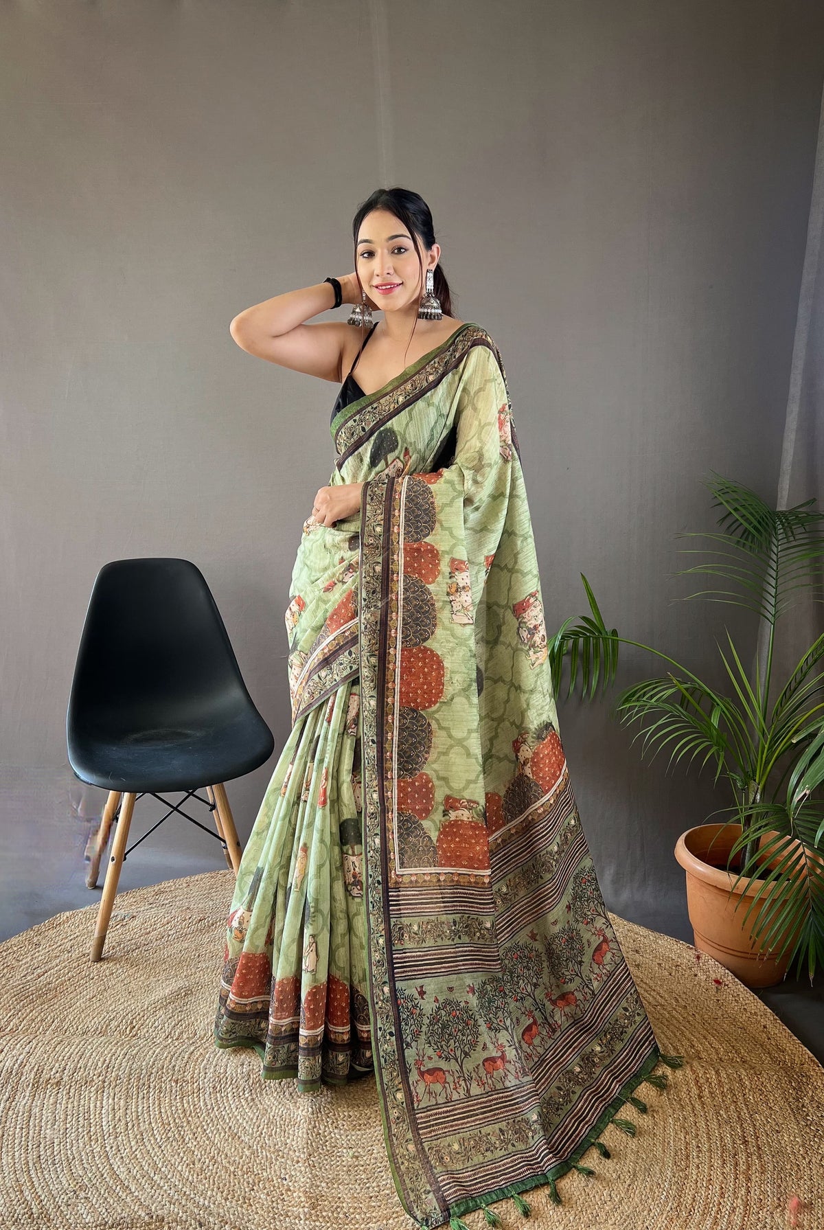 Function Wear Pista Color Cotton Tussar Silk Saree