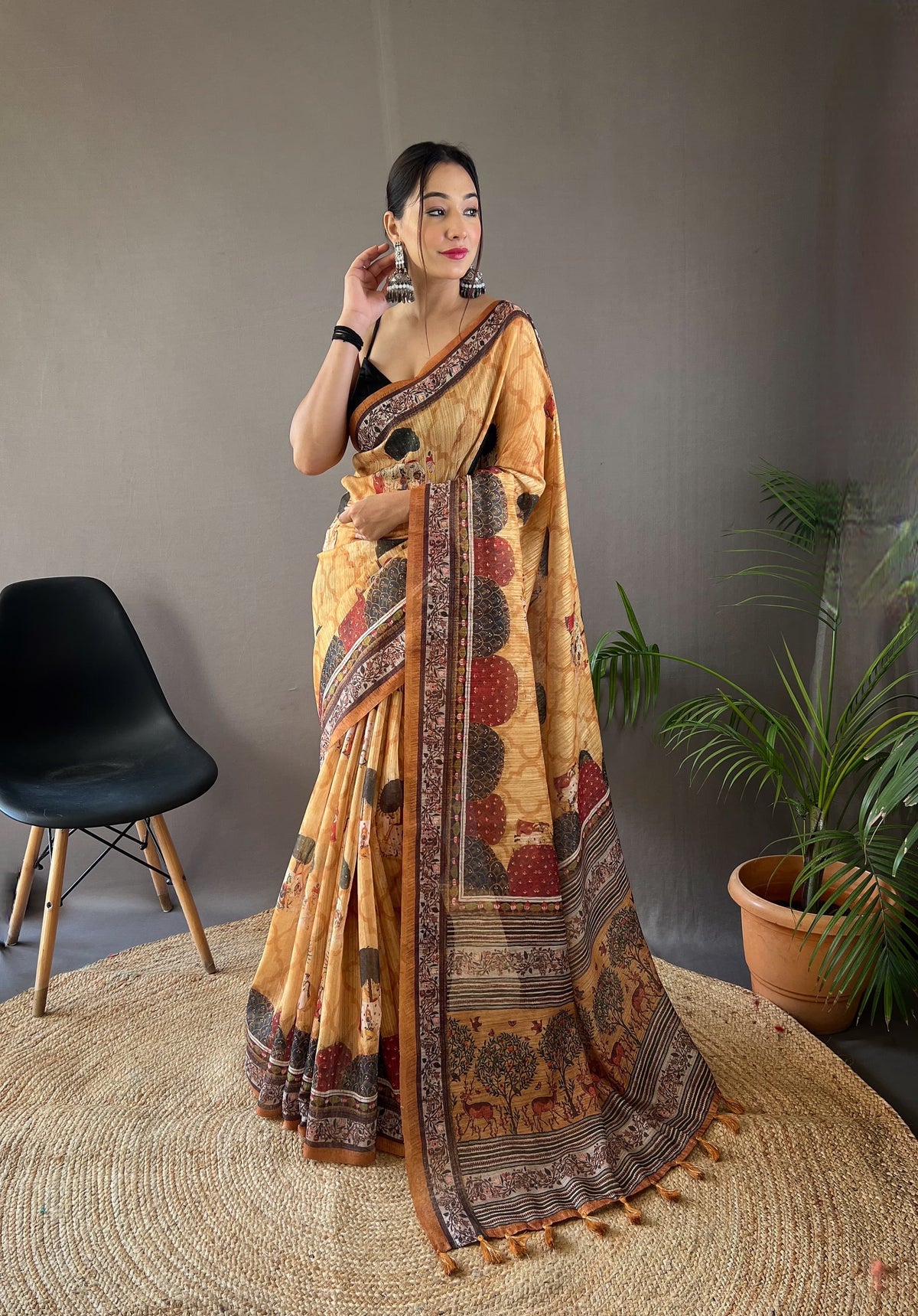 Function Wear Mustard Color Cotton Tussar Silk Saree