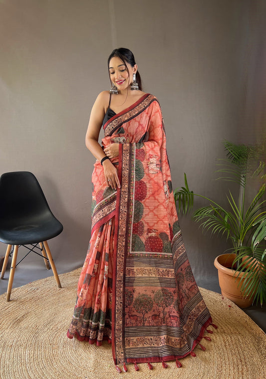 Function Wear Red Color Cotton Tussar Silk Saree