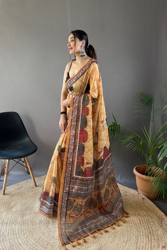 Function Wear Mustard Color Cotton Tussar Silk Saree