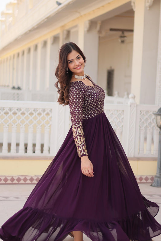 Embellished Embroidered Work Wine Color Gown