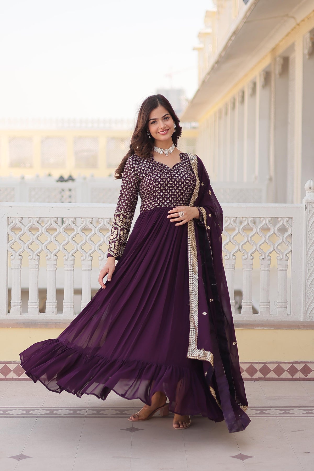 Embellished Embroidered Work Wine Color Gown