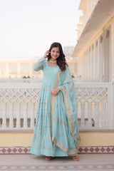 Embellished Sequins Embroidery Work Sky Blue Color Gown