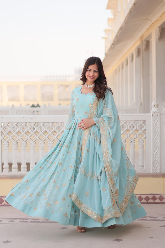 Embellished Sequins Embroidery Work Sky Blue Color Gown