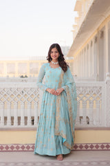 Embellished Sequins Embroidery Work Sky Blue Color Gown