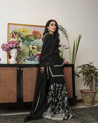 Eyes Catching Sequence Work Black Color Sharara Suit