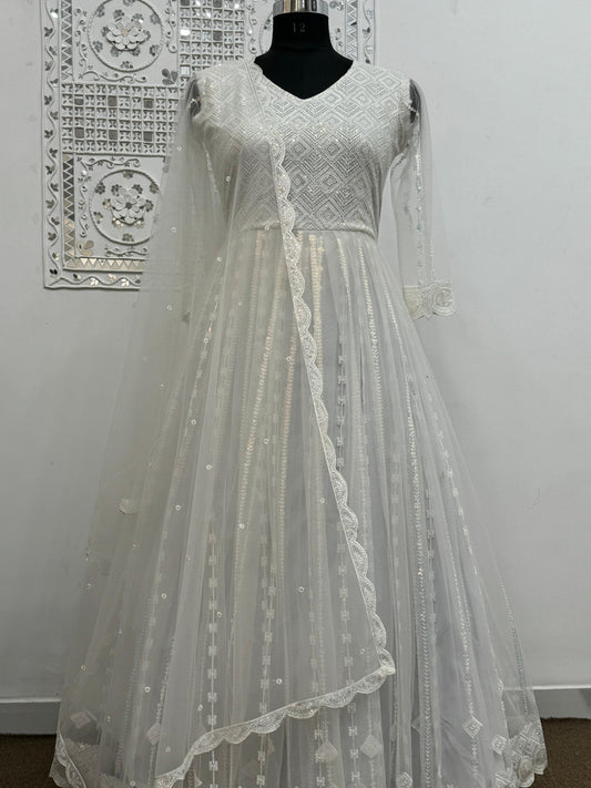 Mesmerizing Embroidery Thread Work White Color Gown