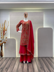 Exclusive Embroidery Work Red Color Palazzo Suit