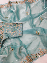 Embellished Embroidery Sky Blue Color Saree