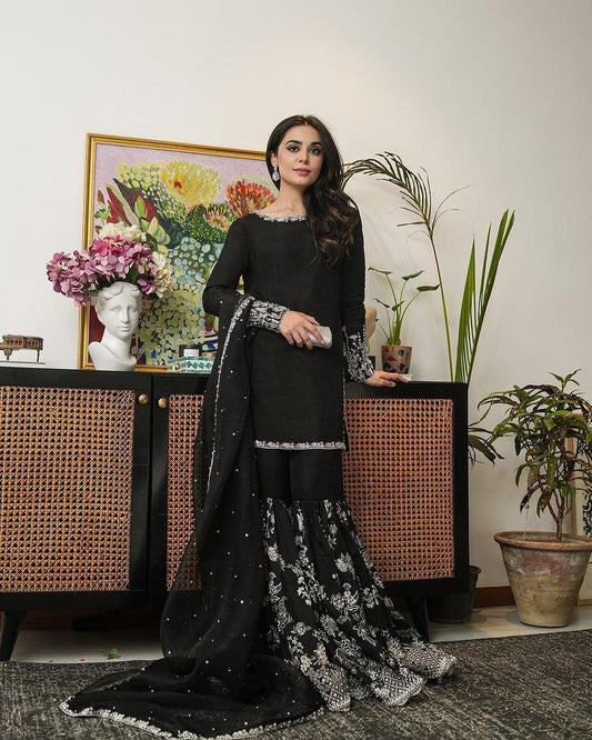 Captivating Thread With Sequence Work Black Color Sharara Suit