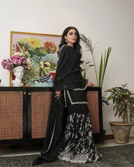 Captivating Thread With Sequence Work Black Color Sharara Suit