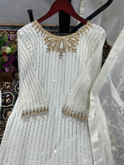 Outstanding Embroidery Work White Color Anarkali Suit