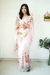 Fancy Digital Print White Color Ready To Wear Saree