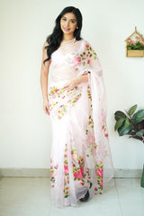 Fancy Digital Print White Color Ready To Wear Saree