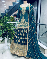 Presenting Embroidery Sequence Work Teal Color Top With Lehenga