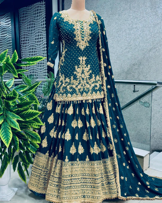 Presenting Embroidery Sequence Work Teal Color Top With Lehenga