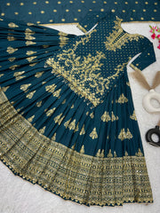 Presenting Embroidery Sequence Work Teal Color Top With Lehenga