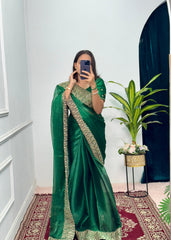 Stylish Embroidery Work Green Color Saree