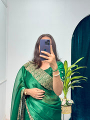 Stylish Embroidery Work Green Color Saree