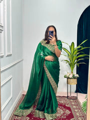 Stylish Embroidery Work Green Color Saree