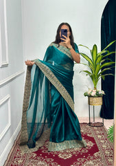 Stylish Embroidery Work Rama Color Saree