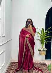 Stylish Embroidery Work Red Color Saree