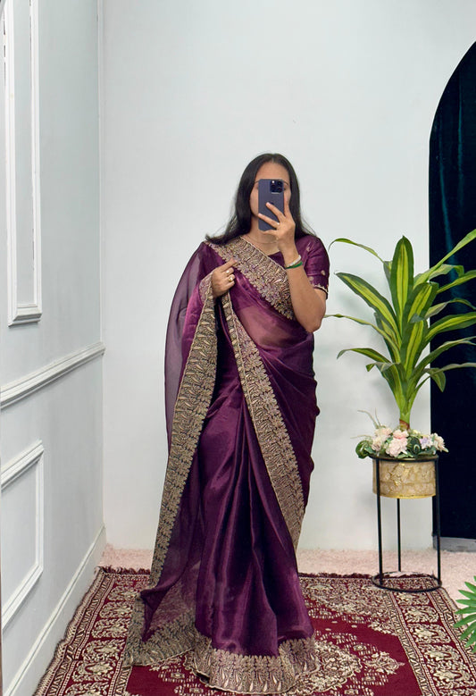 Stylish Embroidery Work Purple Color Saree