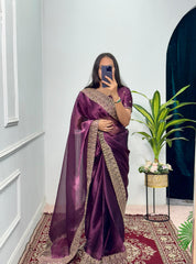 Stylish Embroidery Work Purple Color Saree