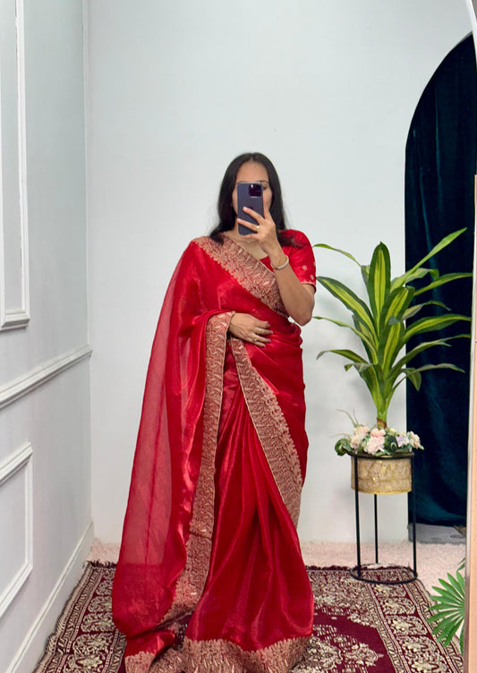 Stylish Embroidery Work Red Color Saree