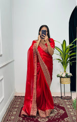 Stylish Embroidery Work Red Color Saree