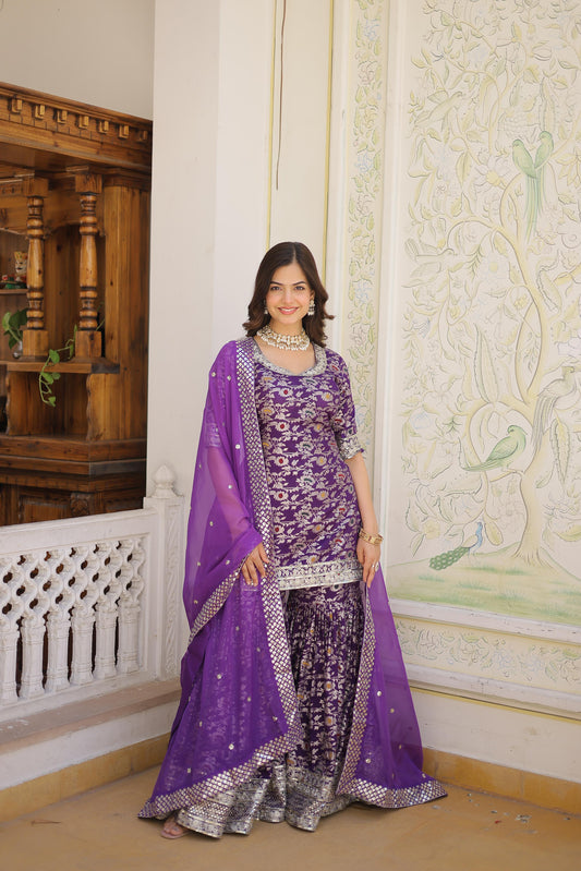 Gorgeous Embroidered Work Purple Color Sharara Suit