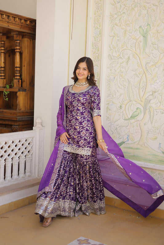 Gorgeous Embroidered Work Purple Color Sharara Suit