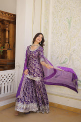 Gorgeous Embroidered Work Purple Color Sharara Suit