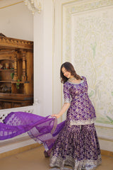 Gorgeous Embroidered Work Purple Color Sharara Suit