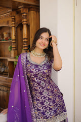 Gorgeous Embroidered Work Purple Color Sharara Suit