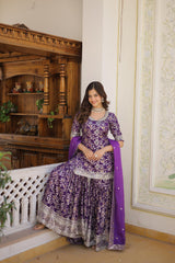 Gorgeous Embroidered Work Purple Color Sharara Suit