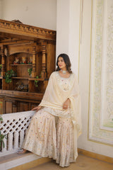 Gorgeous Embroidered Work White Color Sharara Suit