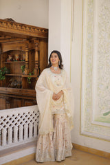 Gorgeous Embroidered Work White Color Sharara Suit