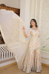 Gorgeous Embroidered Work White Color Sharara Suit