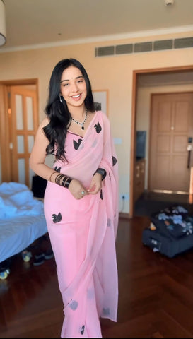 Embellished Embroidery Pink Color Ready To Wear Saree