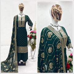 Sequence Embroidery Work Dark Green Color Sharara Suit