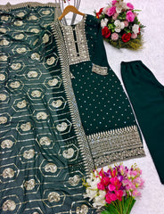 Sequence Embroidery Work Dark Green Color Sharara Suit