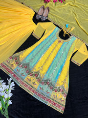 Fabulous Embroidery Sequence Work Yellow Color Sharara Suit