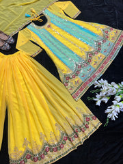 Fabulous Embroidery Sequence Work Yellow Color Sharara Suit