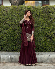 Shining Embroidery Work Maroon Color Sharara Suit