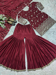 Shining Embroidery Work Maroon Color Sharara Suit