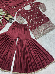 Shining Embroidery Work Maroon Color Sharara Suit