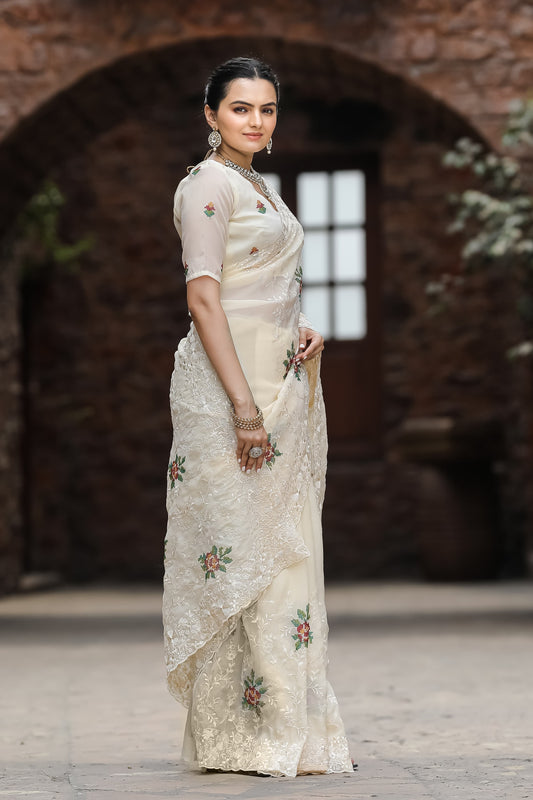 Ceremony Wear Zari Chiffon Off White Color Saree