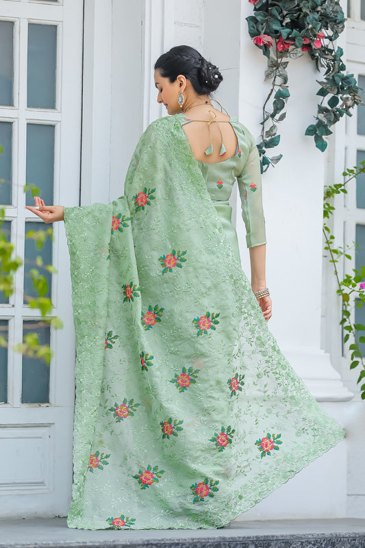 Ceremony Wear Zari Chiffon Pista Color Saree