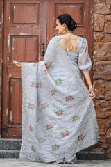 Ceremony Wear Zari Chiffon Grey Color Saree